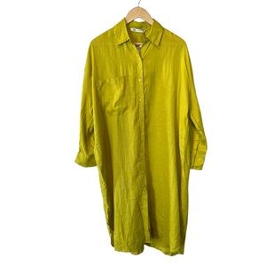 Zara Chartreuse green lime neon 100% linen shirt dress XS $99 MSRP